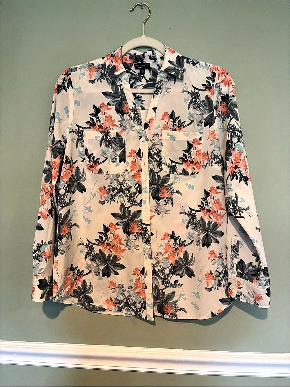 Talbots Nantucket Floral Button Down Shirt Cream & Orange Medium Like New